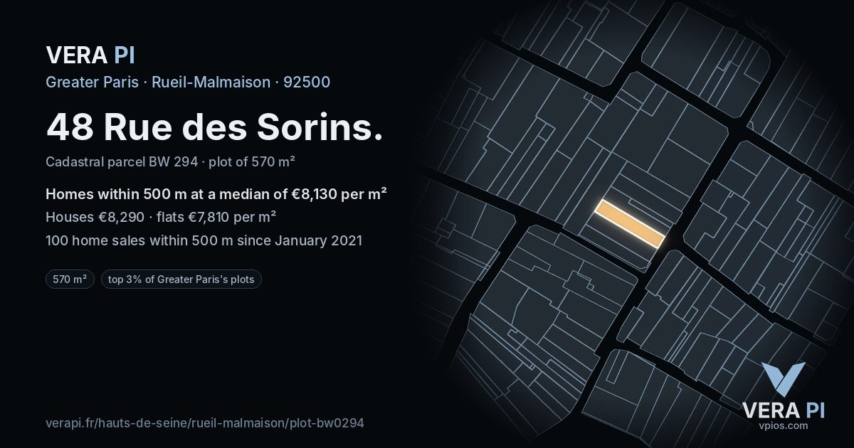 48 Rue des Sorins, Rueil-Malmaison at night – the plot lit, the parcels around coloured by the prices near them