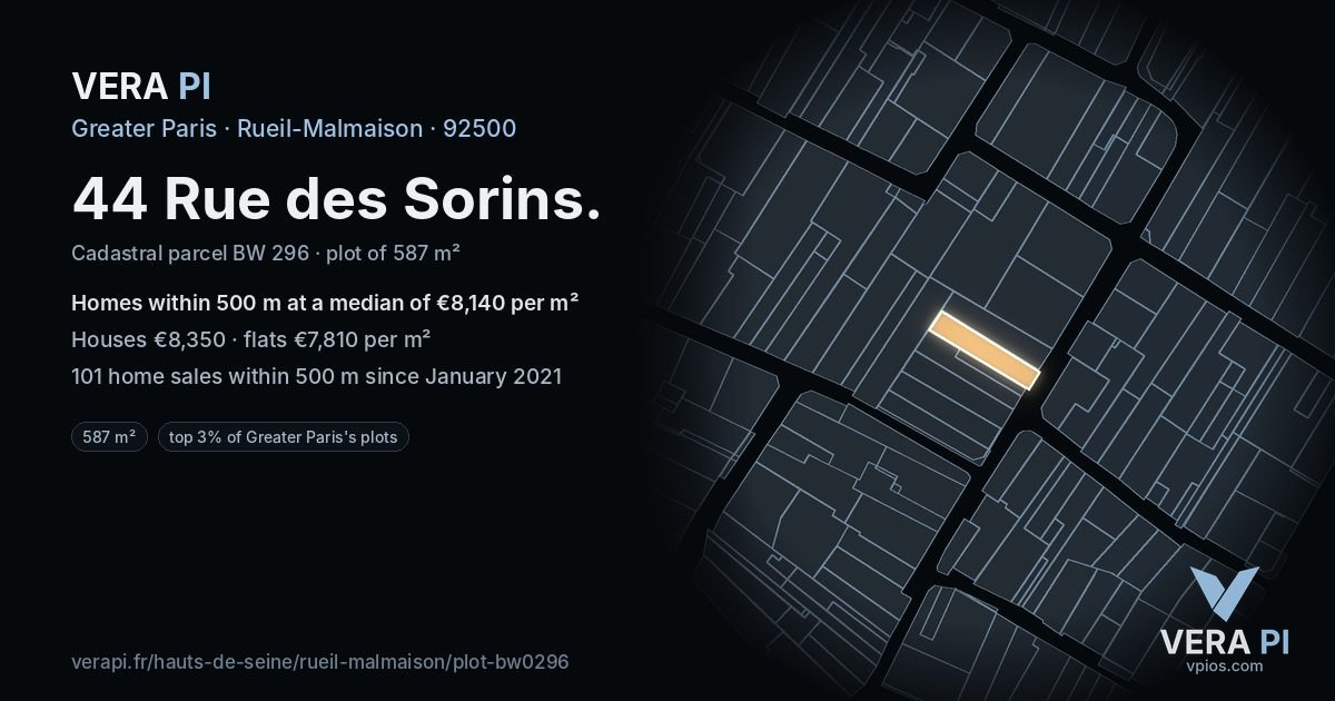 44 Rue des Sorins, Rueil-Malmaison at night – the plot lit, the parcels around coloured by the prices near them