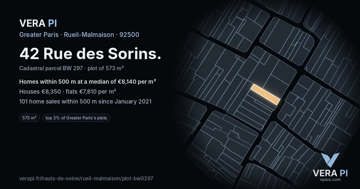 42 Rue des Sorins, Rueil-Malmaison at night – the plot lit, the parcels around coloured by the prices near them