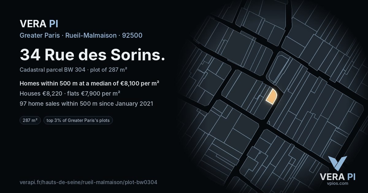 34 Rue des Sorins, Rueil-Malmaison at night – the plot lit, the parcels around coloured by the prices near them
