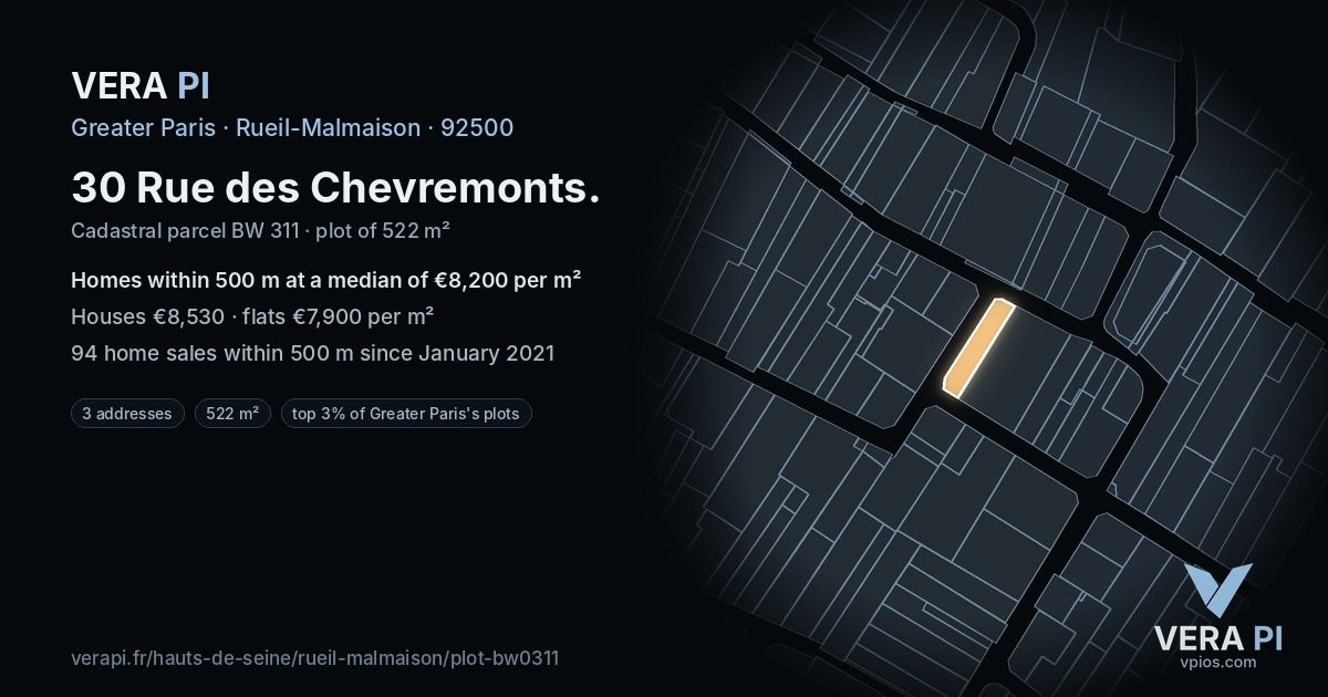 30 Rue des Chevremonts, Rueil-Malmaison at night – the plot lit, the parcels around coloured by the prices near them