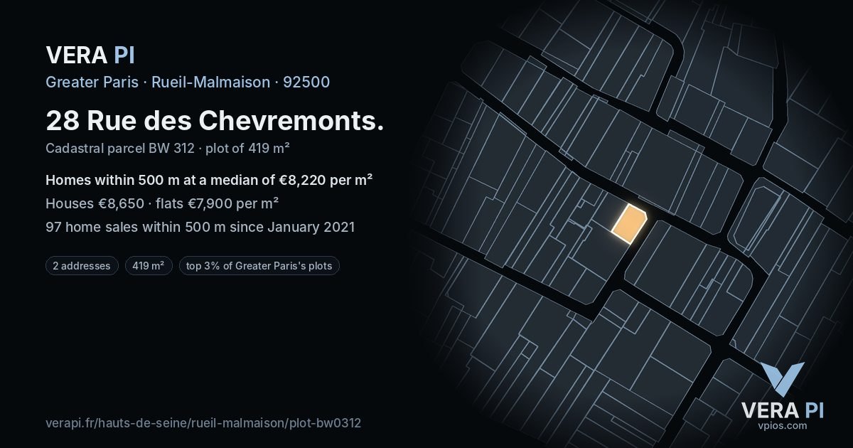 28 Rue des Chevremonts, Rueil-Malmaison at night – the plot lit, the parcels around coloured by the prices near them