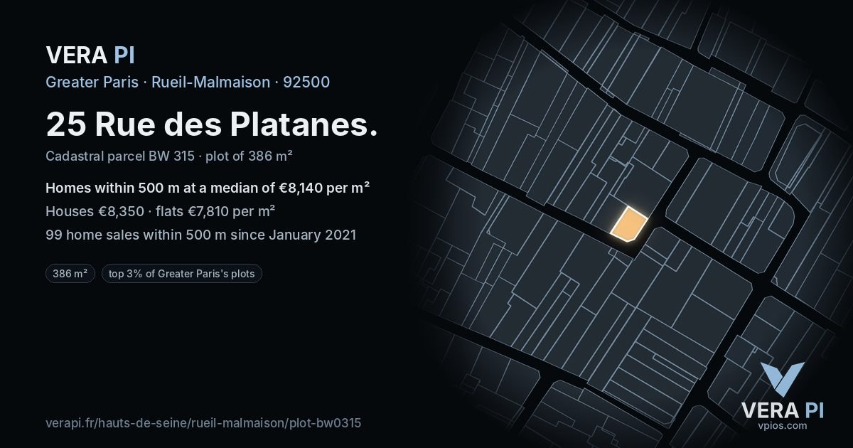 25 Rue des Platanes, Rueil-Malmaison at night – the plot lit, the parcels around coloured by the prices near them