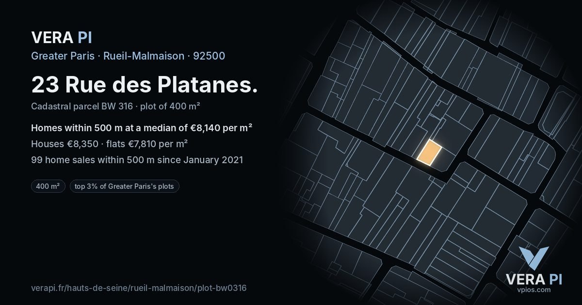 23 Rue des Platanes, Rueil-Malmaison at night – the plot lit, the parcels around coloured by the prices near them