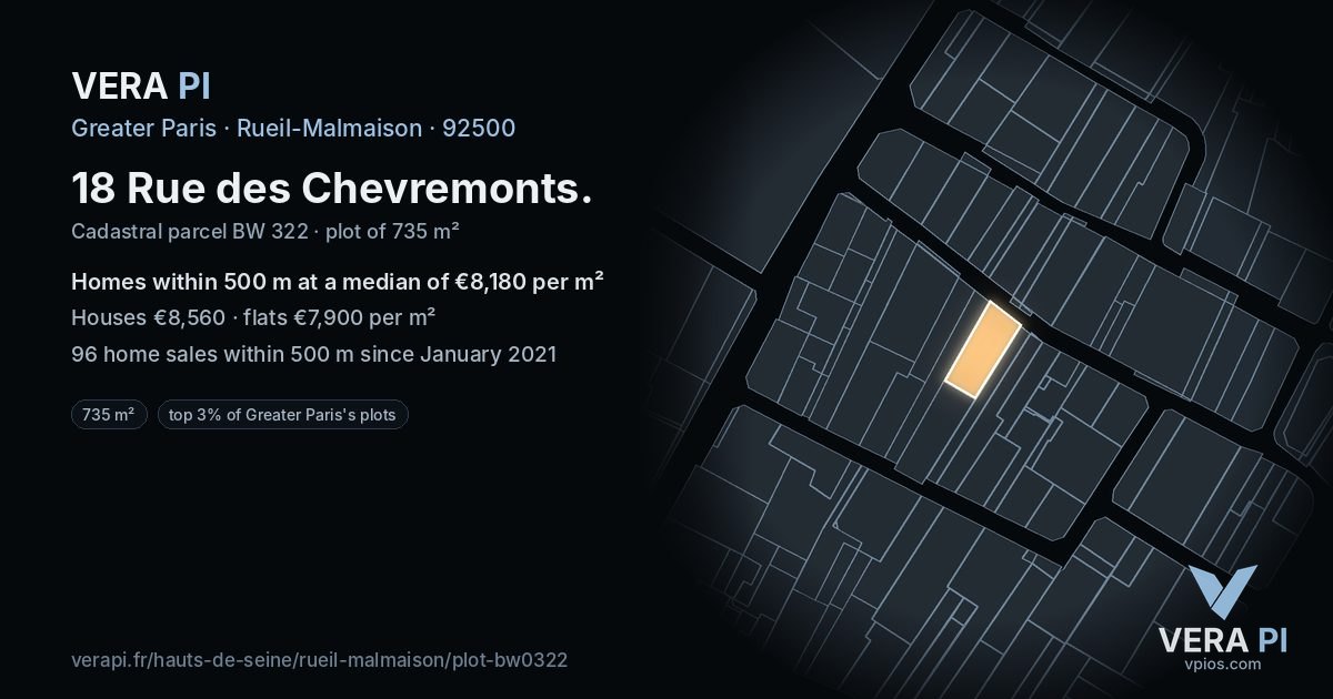 18 Rue des Chevremonts, Rueil-Malmaison at night – the plot lit, the parcels around coloured by the prices near them