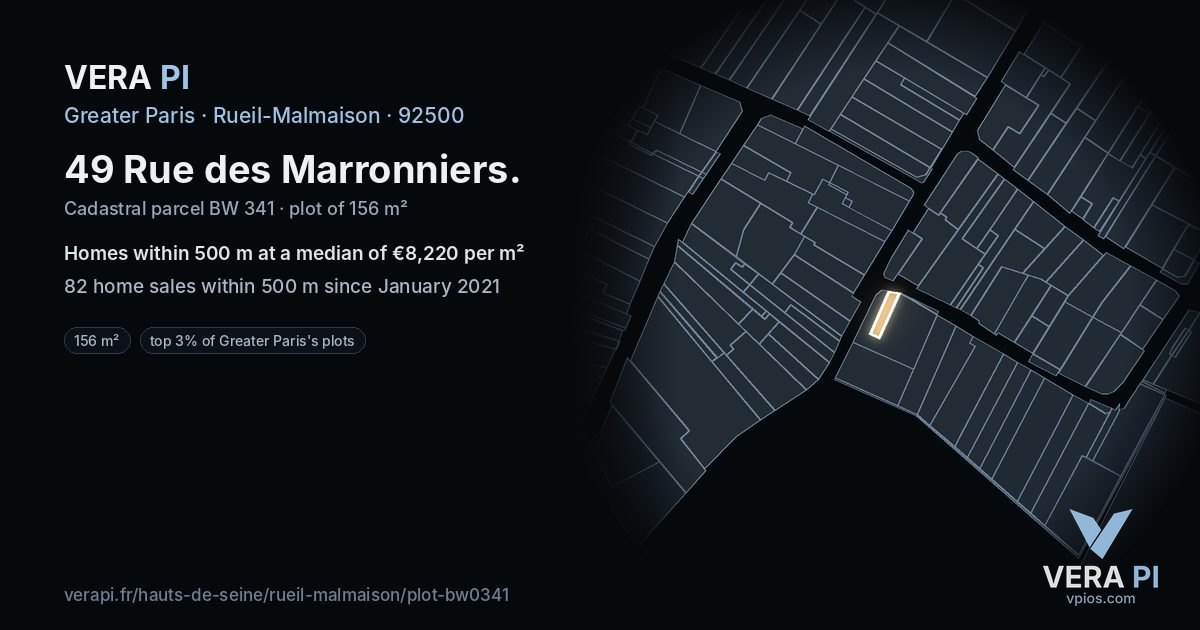 49 Rue des Marronniers, Rueil-Malmaison at night – the plot lit, the parcels around coloured by the prices near them