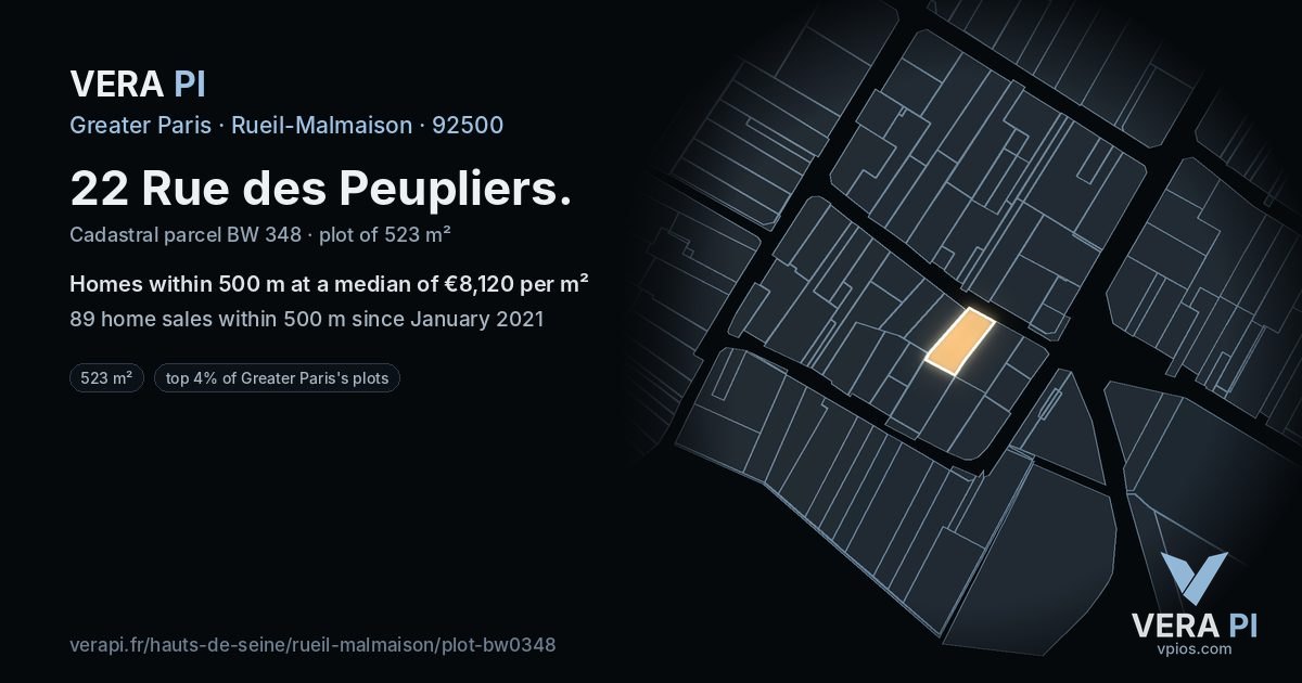 22 Rue des Peupliers, Rueil-Malmaison at night – the plot lit, the parcels around coloured by the prices near them