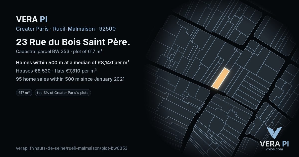 23 Rue du Bois Saint Père, Rueil-Malmaison at night – the plot lit, the parcels around coloured by the prices near them