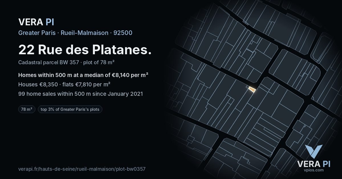 22 Rue des Platanes, Rueil-Malmaison at night – the plot lit, the parcels around coloured by the prices near them