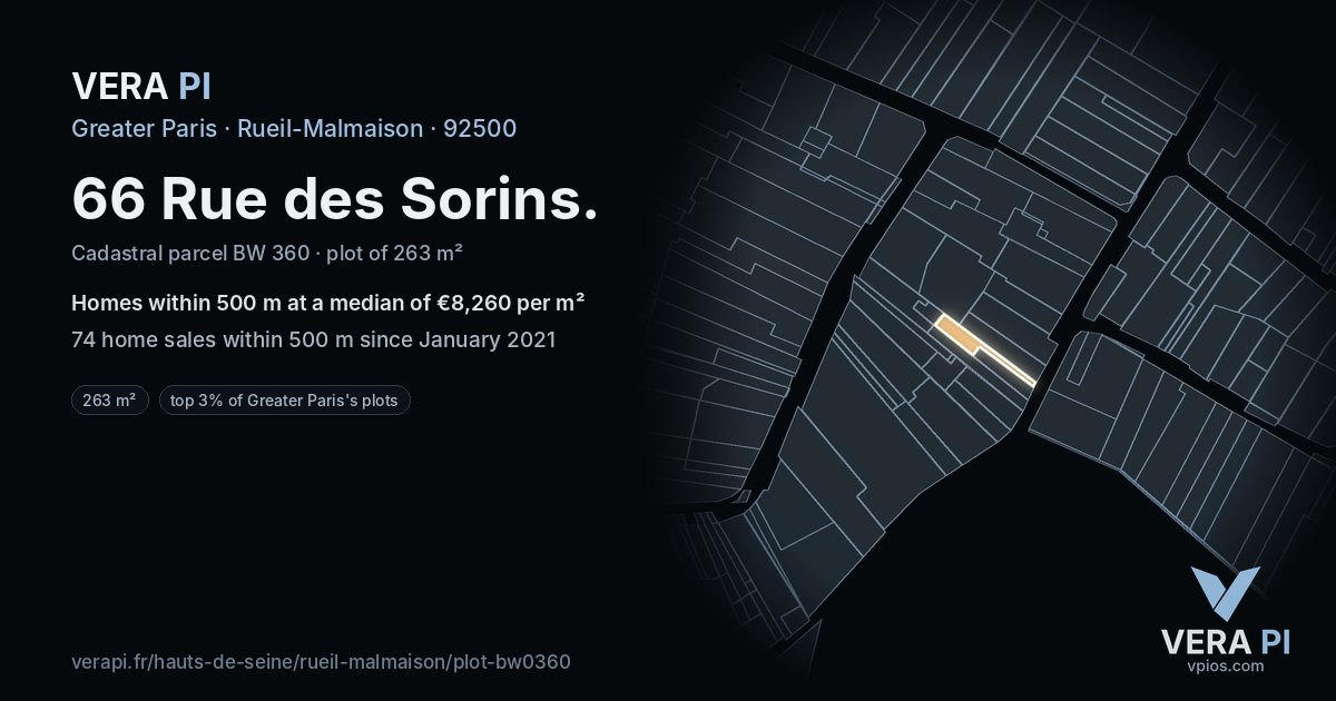 66 Rue des Sorins, Rueil-Malmaison at night – the plot lit, the parcels around coloured by the prices near them