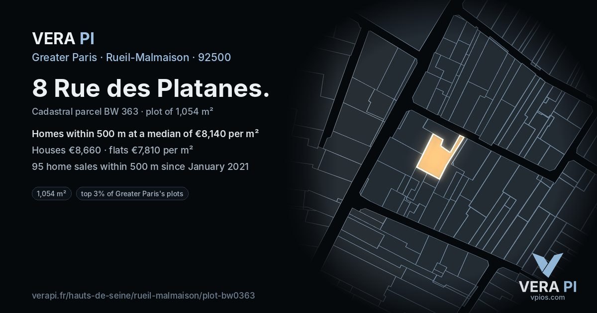 8 Rue des Platanes, Rueil-Malmaison at night – the plot lit, the parcels around coloured by the prices near them