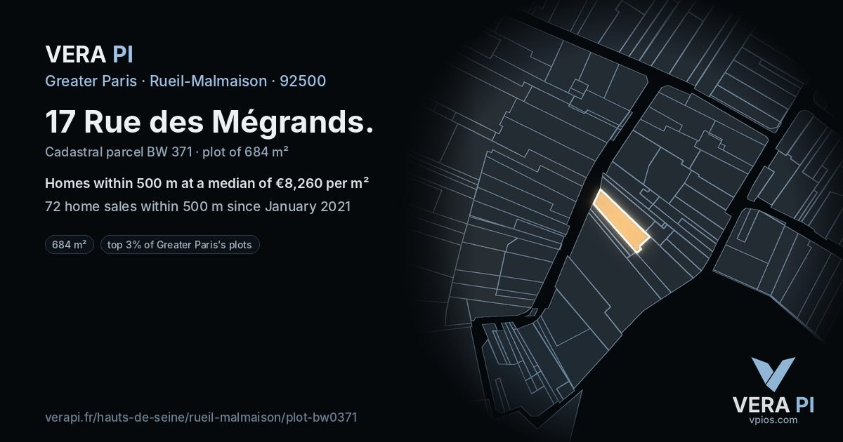 17 Rue des Mégrands, Rueil-Malmaison at night – the plot lit, the parcels around coloured by the prices near them