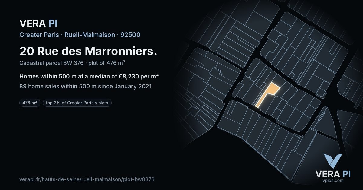 20 Rue des Marronniers, Rueil-Malmaison at night – the plot lit, the parcels around coloured by the prices near them