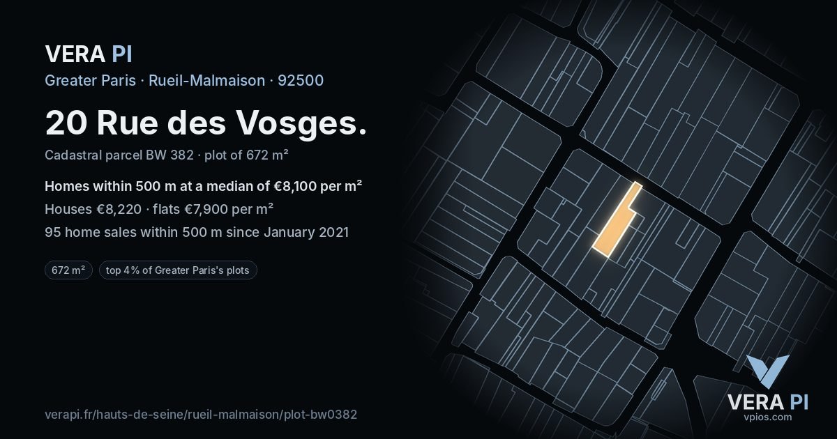 20 Rue des Vosges, Rueil-Malmaison at night – the plot lit, the parcels around coloured by the prices near them