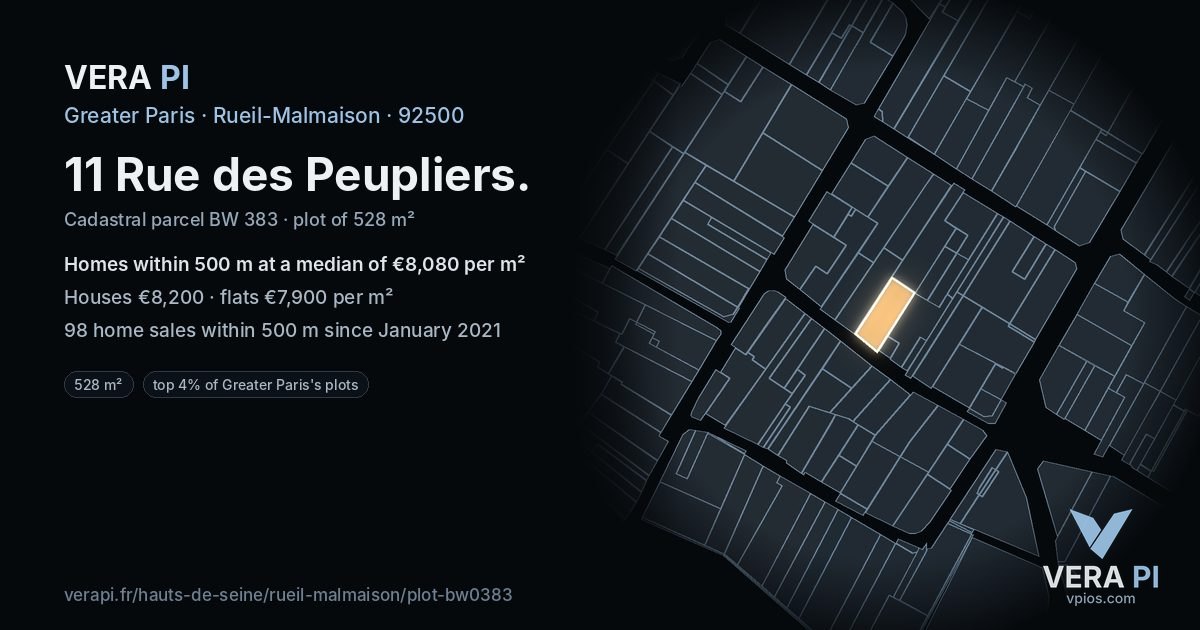 11 Rue des Peupliers, Rueil-Malmaison at night – the plot lit, the parcels around coloured by the prices near them