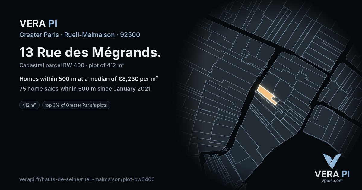 13 Rue des Mégrands, Rueil-Malmaison at night – the plot lit, the parcels around coloured by the prices near them