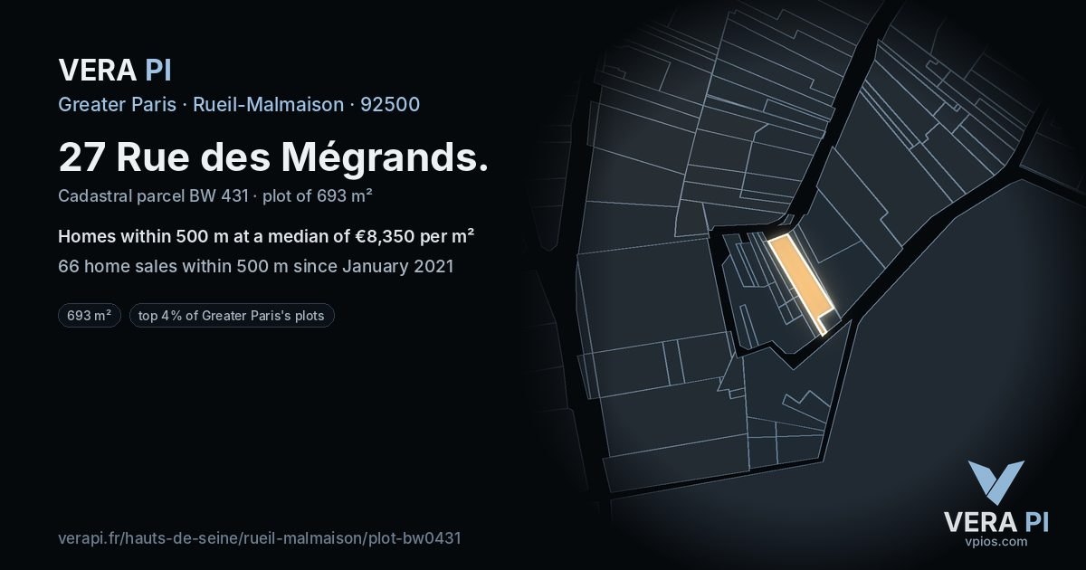 27 Rue des Mégrands, Rueil-Malmaison at night – the plot lit, the parcels around coloured by the prices near them