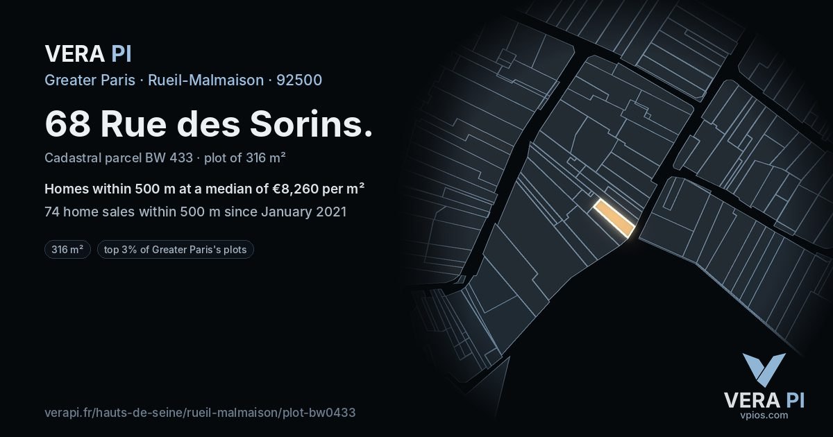 68 Rue des Sorins, Rueil-Malmaison at night – the plot lit, the parcels around coloured by the prices near them