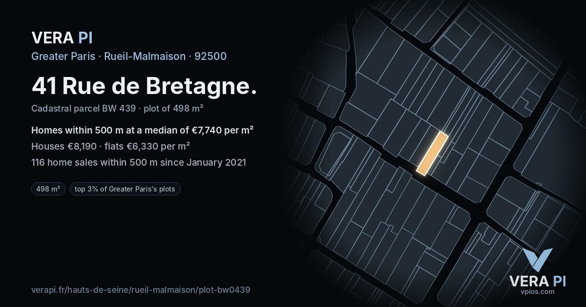 41 Rue de Bretagne, Rueil-Malmaison at night – the plot lit, the parcels around coloured by the prices near them