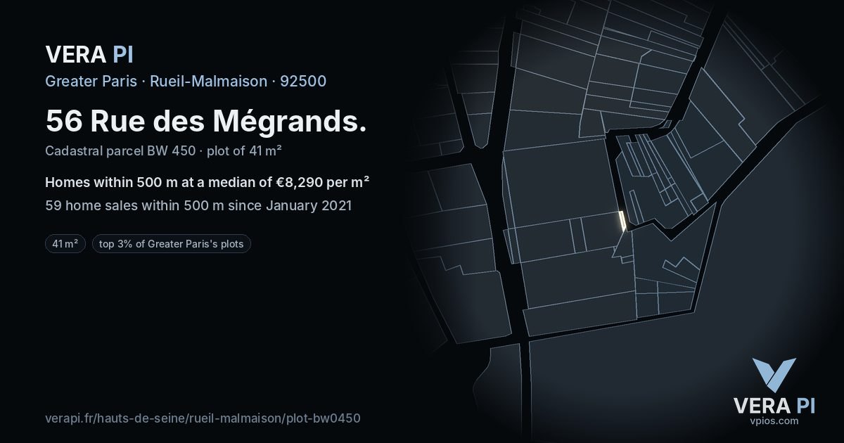 56 Rue des Mégrands, Rueil-Malmaison at night – the plot lit, the parcels around coloured by the prices near them