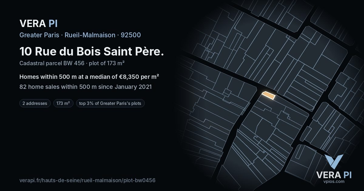 10 Rue du Bois Saint Père, Rueil-Malmaison at night – the plot lit, the parcels around coloured by the prices near them