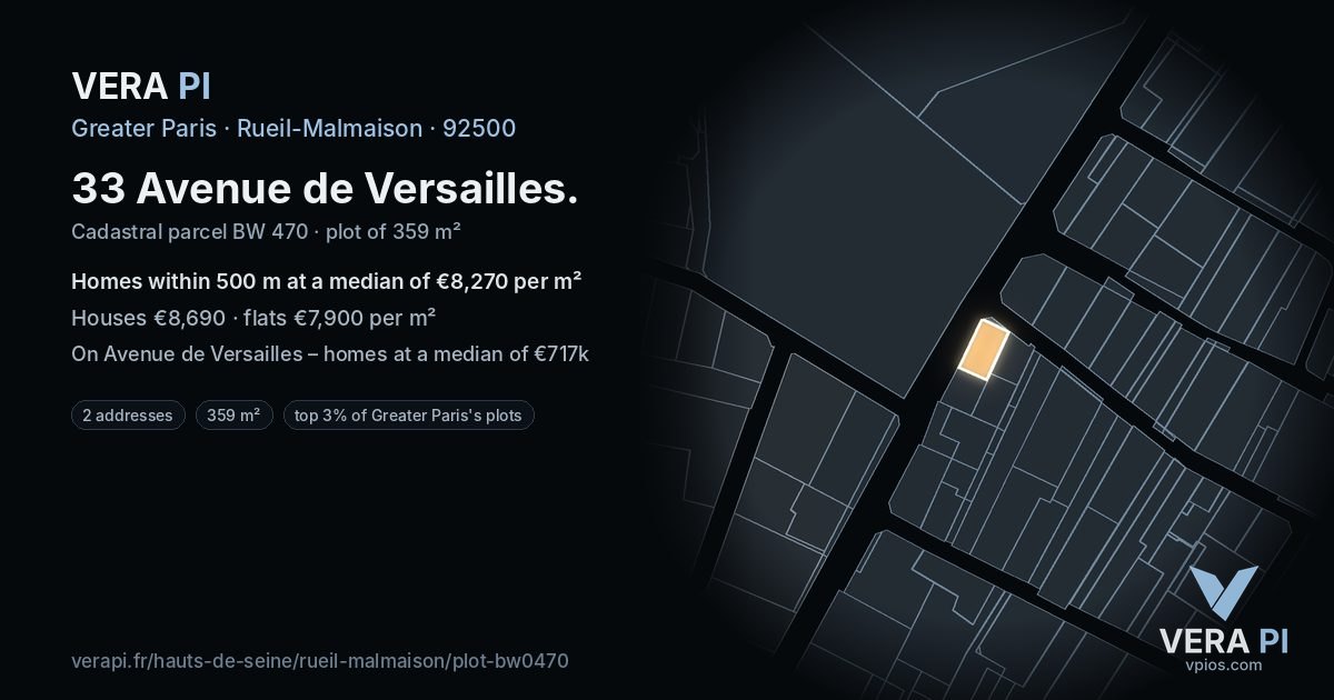 33 Avenue de Versailles, Rueil-Malmaison at night – the plot lit, the parcels around coloured by the prices near them