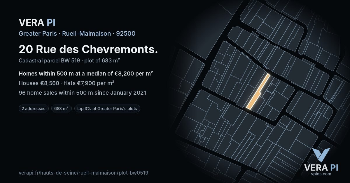 20 Rue des Chevremonts, Rueil-Malmaison at night – the plot lit, the parcels around coloured by the prices near them