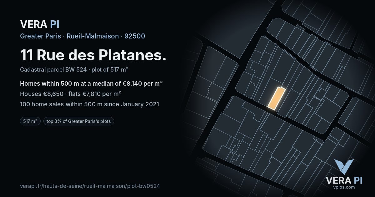 11 Rue des Platanes, Rueil-Malmaison at night – the plot lit, the parcels around coloured by the prices near them