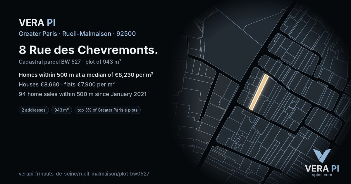 8 Rue des Chevremonts, Rueil-Malmaison at night – the plot lit, the parcels around coloured by the prices near them