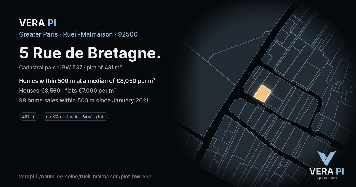5 Rue de Bretagne, Rueil-Malmaison at night – the plot lit, the parcels around coloured by the prices near them