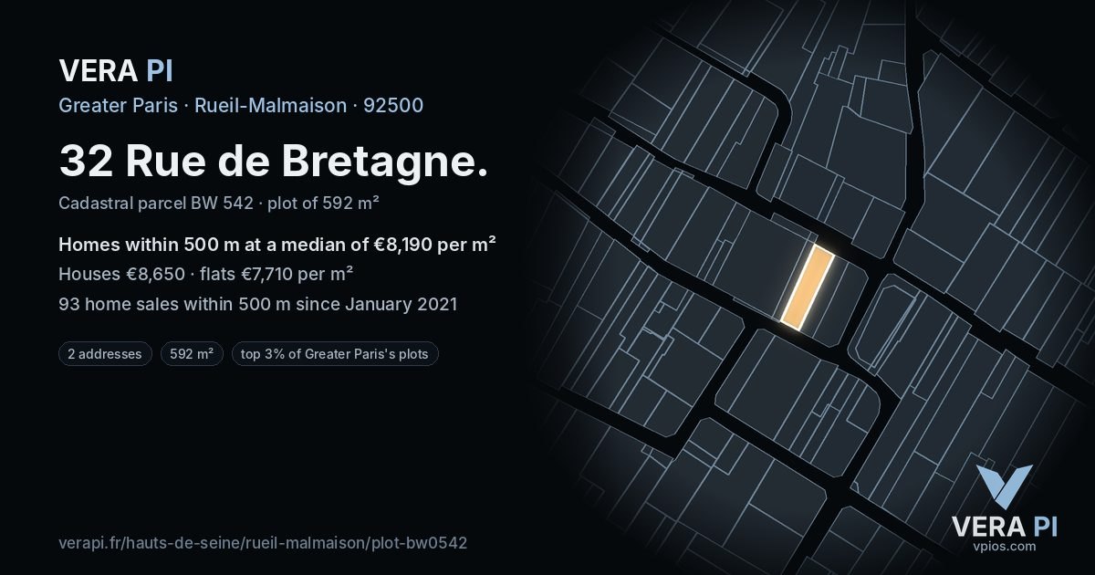 32 Rue de Bretagne, Rueil-Malmaison at night – the plot lit, the parcels around coloured by the prices near them
