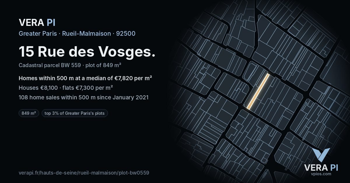15 Rue des Vosges, Rueil-Malmaison at night – the plot lit, the parcels around coloured by the prices near them