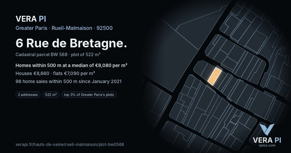 6 Rue de Bretagne, Rueil-Malmaison at night – the plot lit, the parcels around coloured by the prices near them