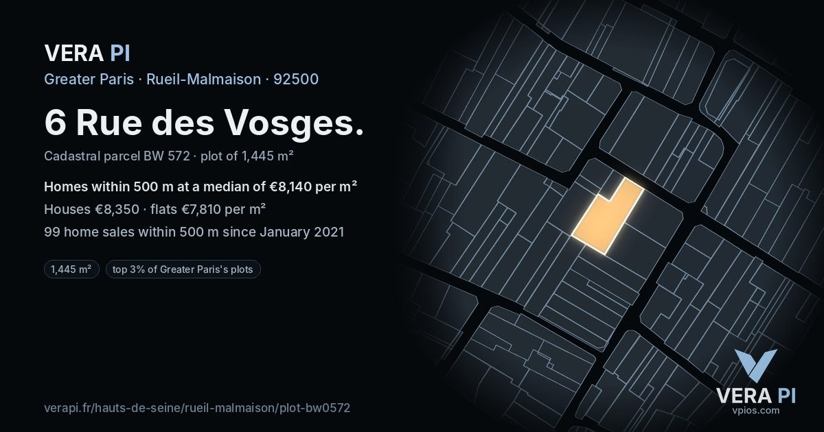 6 Rue des Vosges, Rueil-Malmaison at night – the plot lit, the parcels around coloured by the prices near them