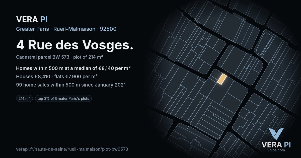 4 Rue des Vosges, Rueil-Malmaison at night – the plot lit, the parcels around coloured by the prices near them