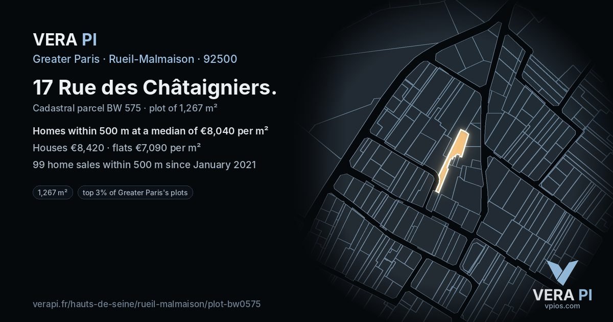 17 Rue des Châtaigniers, Rueil-Malmaison at night – the plot lit, the parcels around coloured by the prices near them