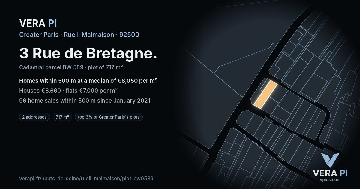 3 Rue de Bretagne, Rueil-Malmaison at night – the plot lit, the parcels around coloured by the prices near them