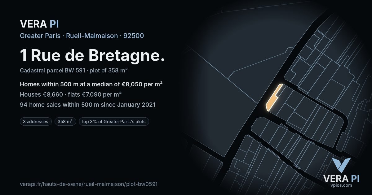 1 Rue de Bretagne, Rueil-Malmaison at night – the plot lit, the parcels around coloured by the prices near them