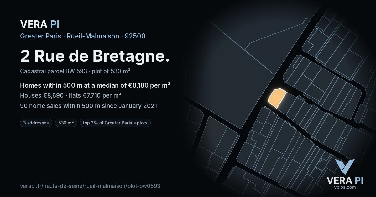 2 Rue de Bretagne, Rueil-Malmaison at night – the plot lit, the parcels around coloured by the prices near them