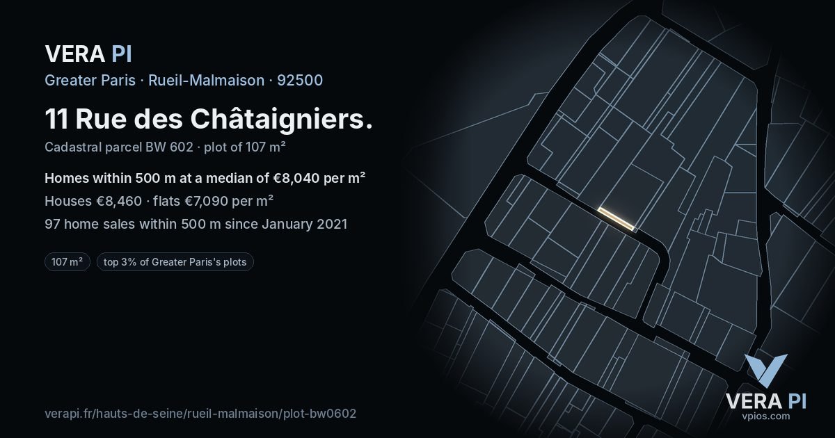 11 Rue des Châtaigniers, Rueil-Malmaison at night – the plot lit, the parcels around coloured by the prices near them
