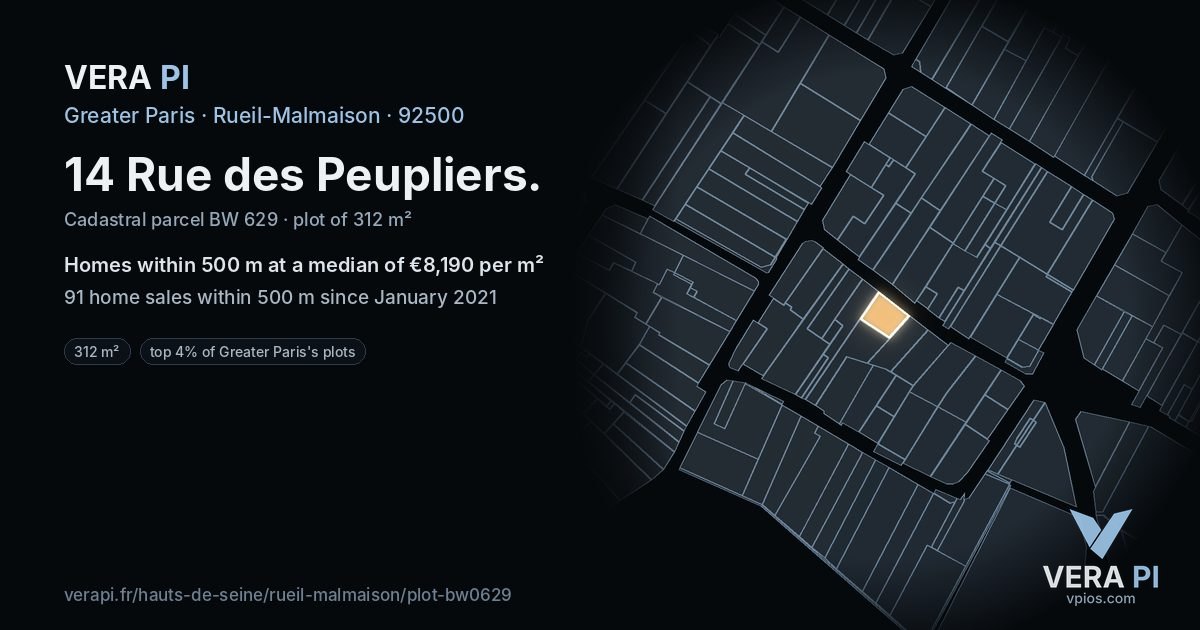 14 Rue des Peupliers, Rueil-Malmaison at night – the plot lit, the parcels around coloured by the prices near them