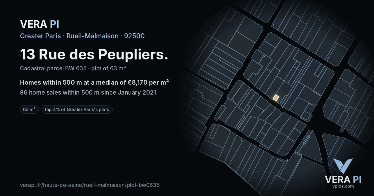 13 Rue des Peupliers, Rueil-Malmaison at night – the plot lit, the parcels around coloured by the prices near them