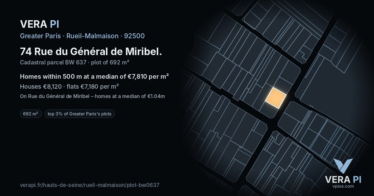 74 Rue du Général de Miribel, Rueil-Malmaison at night – the plot lit, the parcels around coloured by the prices near them