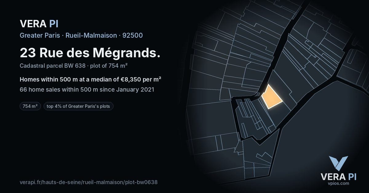 23 Rue des Mégrands, Rueil-Malmaison at night – the plot lit, the parcels around coloured by the prices near them
