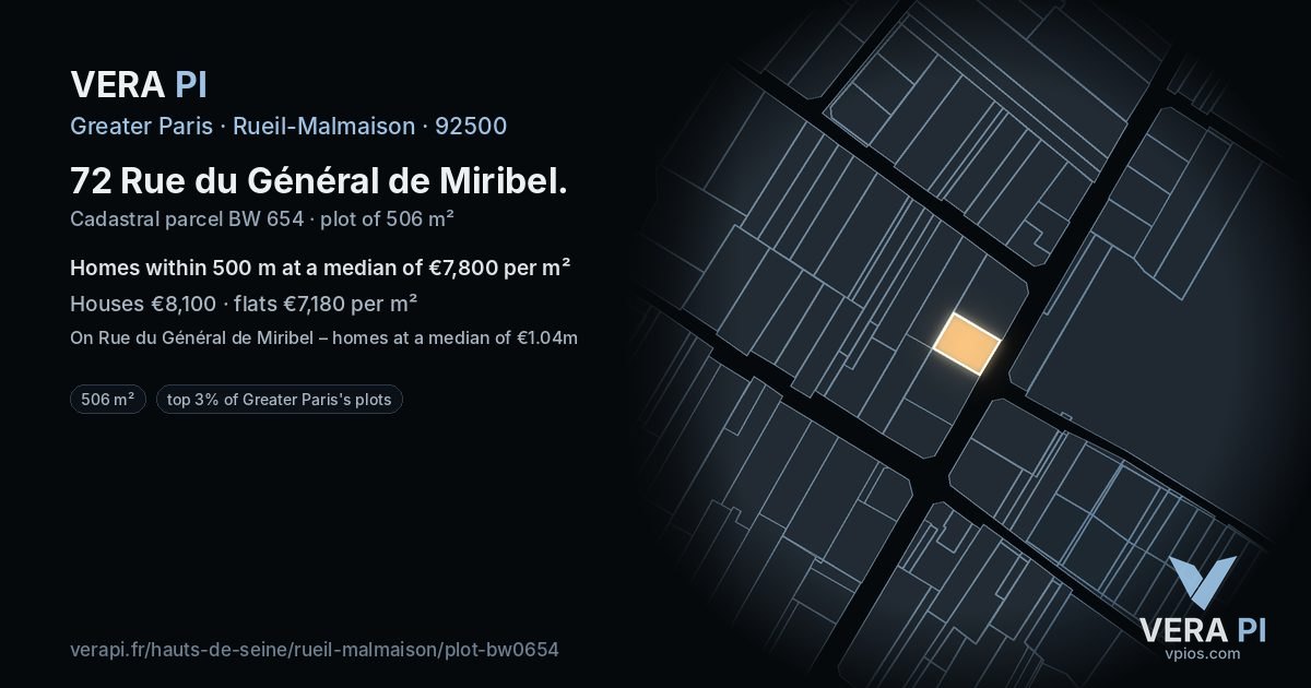 72 Rue du Général de Miribel, Rueil-Malmaison at night – the plot lit, the parcels around coloured by the prices near them