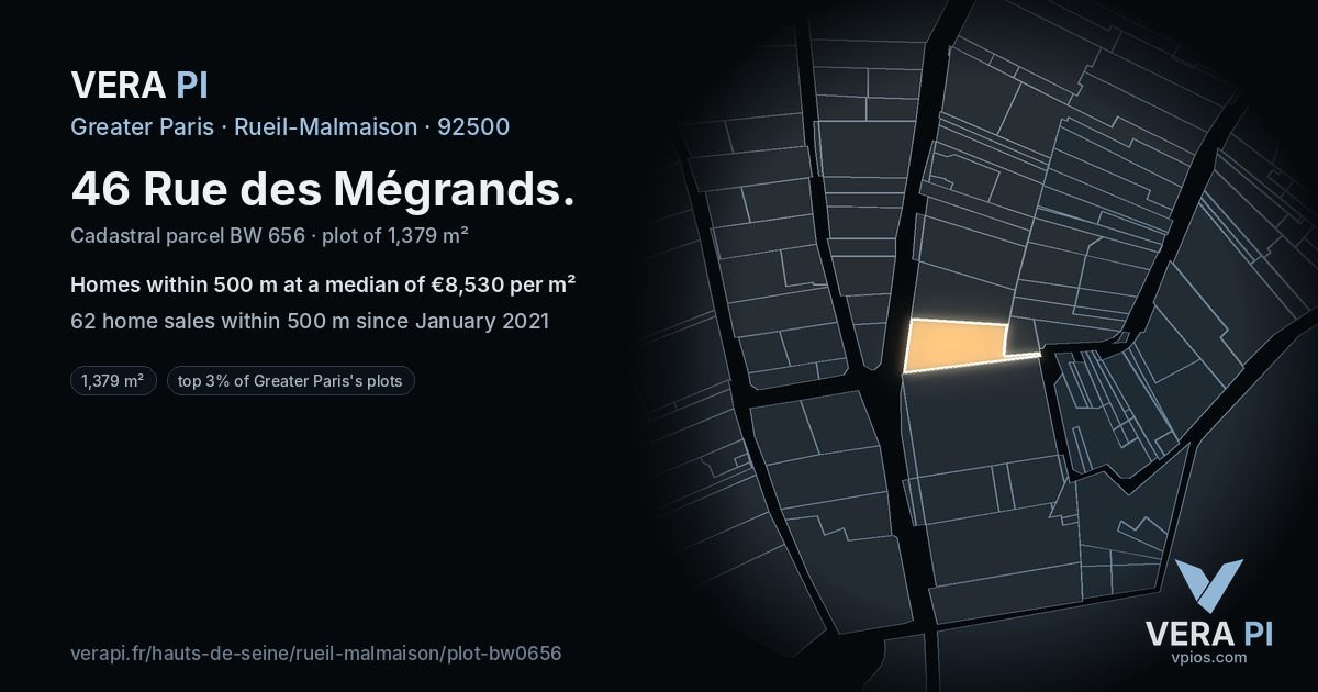 46 Rue des Mégrands, Rueil-Malmaison at night – the plot lit, the parcels around coloured by the prices near them
