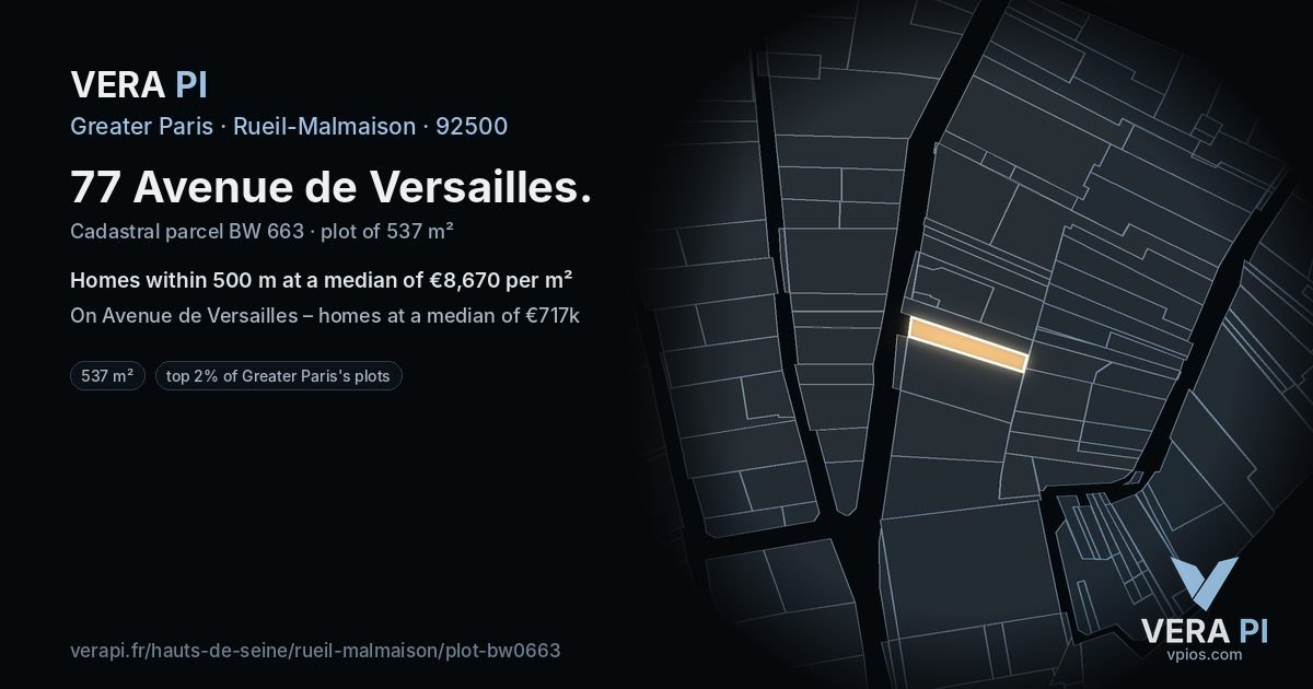 77 Avenue de Versailles, Rueil-Malmaison at night – the plot lit, the parcels around coloured by the prices near them