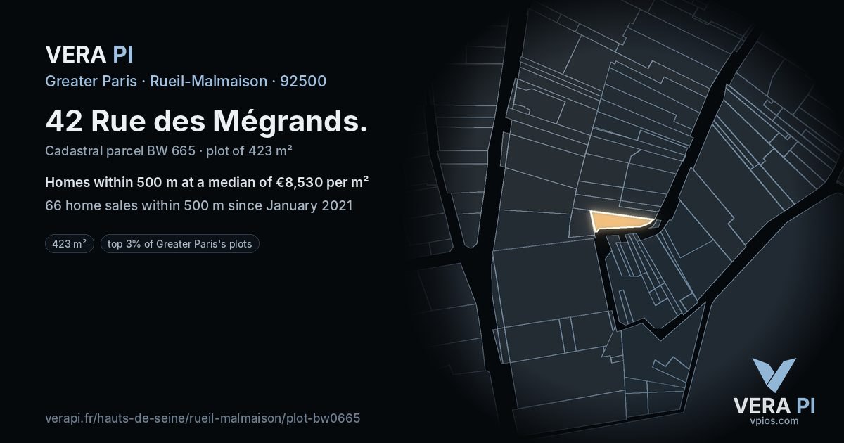 42 Rue des Mégrands, Rueil-Malmaison at night – the plot lit, the parcels around coloured by the prices near them