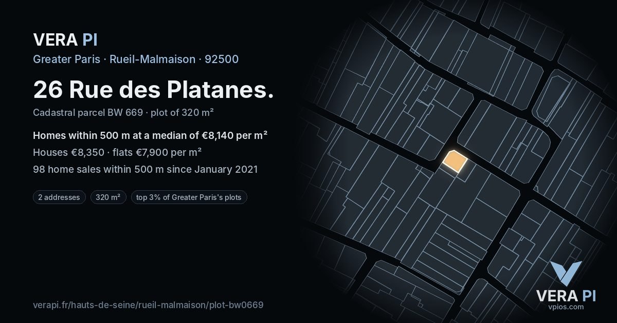 26 Rue des Platanes, Rueil-Malmaison at night – the plot lit, the parcels around coloured by the prices near them