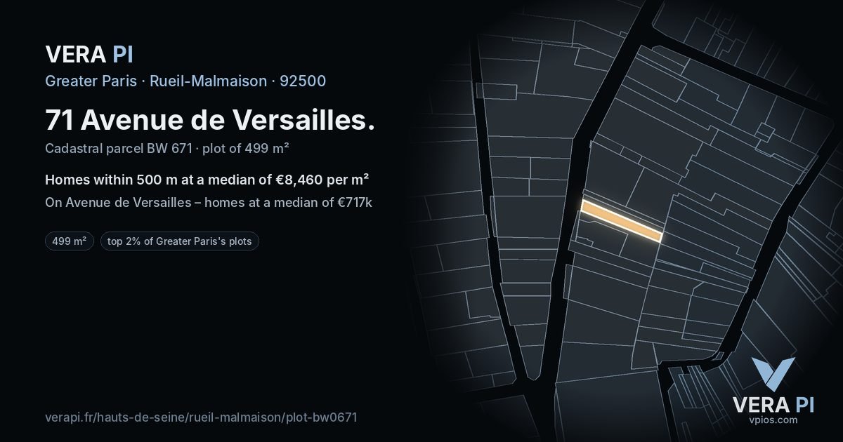 71 Avenue de Versailles, Rueil-Malmaison at night – the plot lit, the parcels around coloured by the prices near them